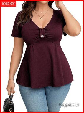 Plus Size Peplum Tops Casual Ruched Ruffle V Neck Short Sleeve T Shirts Cute